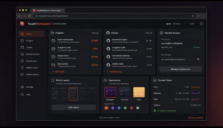 TouchWorkstation Control Center in a browser showing projects, GitHub repos, remote access, appearance settings, and system status
