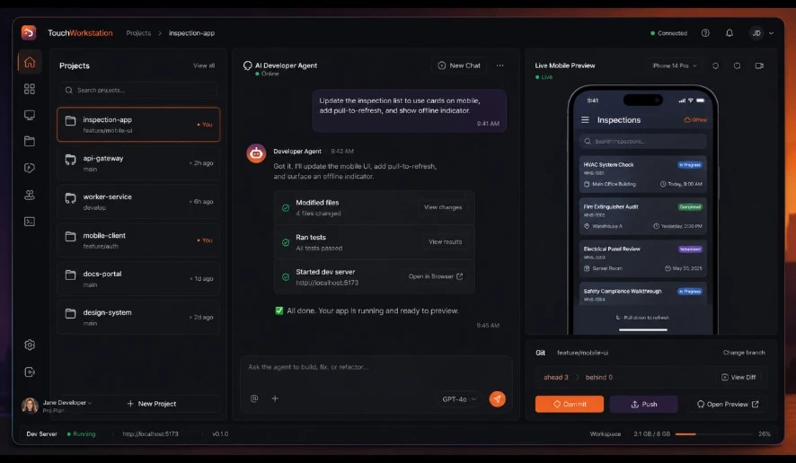 Project view with an AI developer agent editing files while a live mobile preview of the running app streams beside it